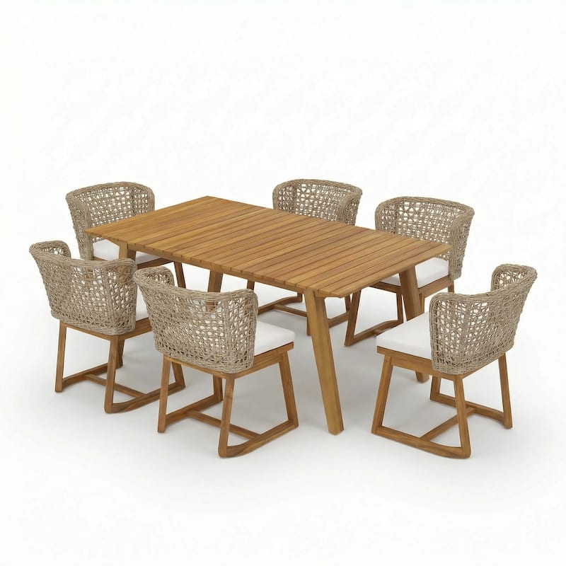Christopher Knight Home - Outdoor Acacia Wood 7-Piece Dining Set with Wicker Dining Chairs & 69" Solid Wood Dining Table