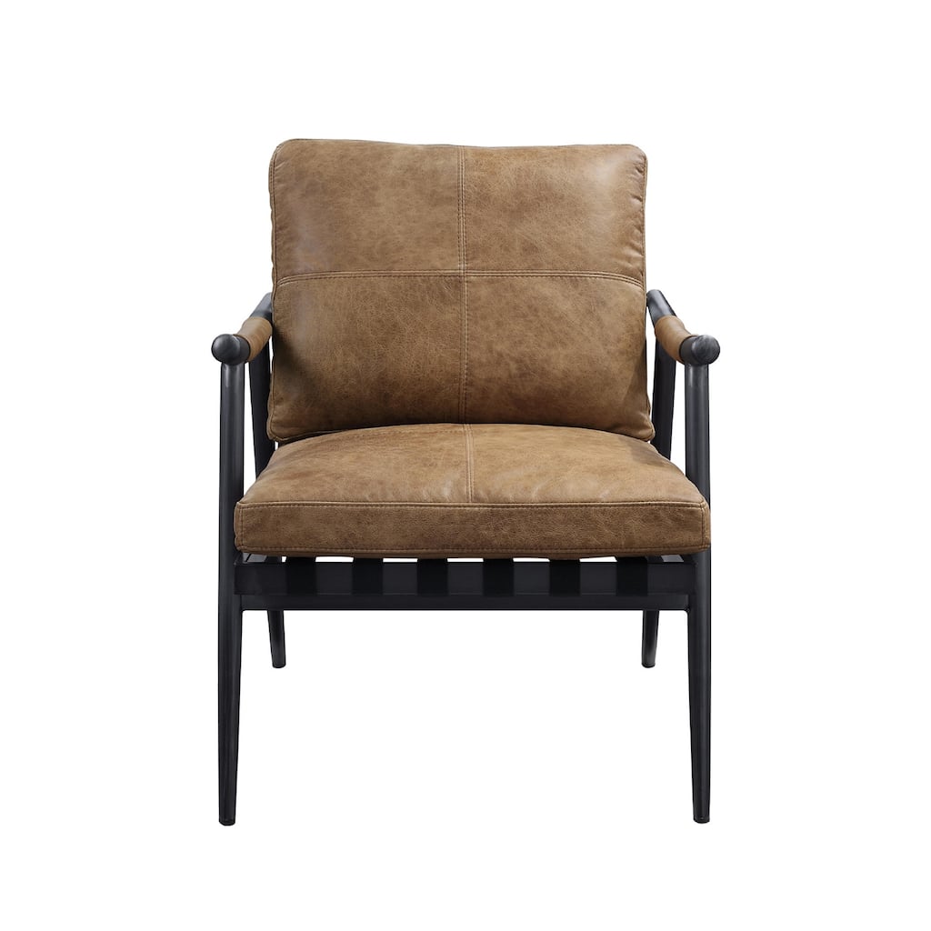 Top Grain Leather Accent Chair with Metal Base in Berham Chestnut and Matt Iron