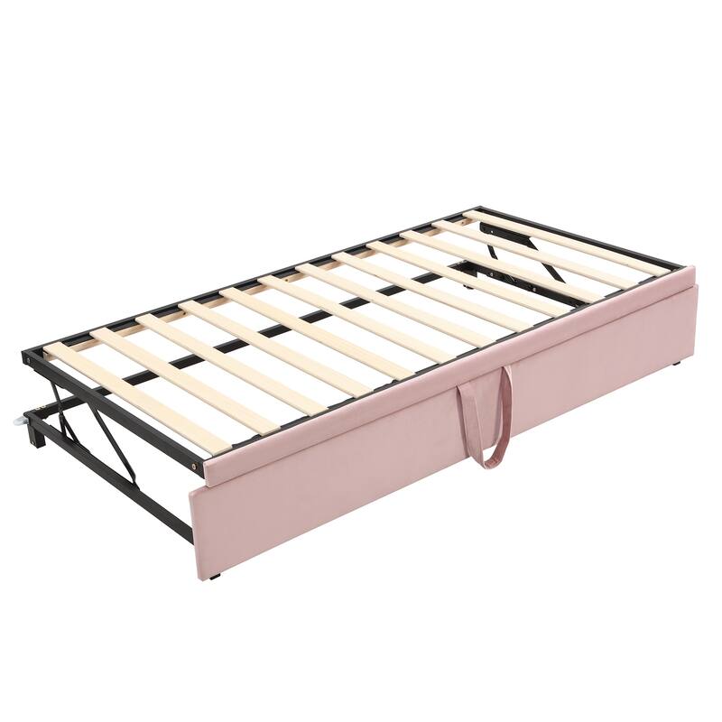 Twin Size Upholstered Daybed with Pop-Up Trundle, Expandable from Twin to King, Velvet with Armrests