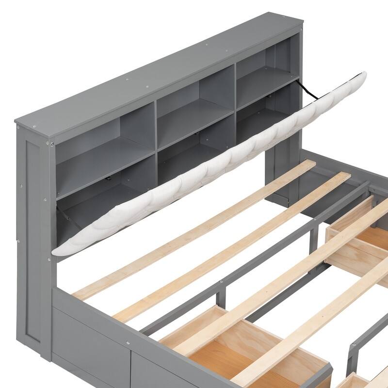 Queen Size Wood Platform Bed with Storage Headboard, Storage Shelves and 2 Drawers