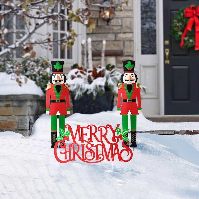 Glitzhome Metal Nutcracker with MERRY CHRISTMAS or Snowman with HAPPY HOLIDAYS Yard Stakes Wall Decor(Set of 3 ) - Nutcracker