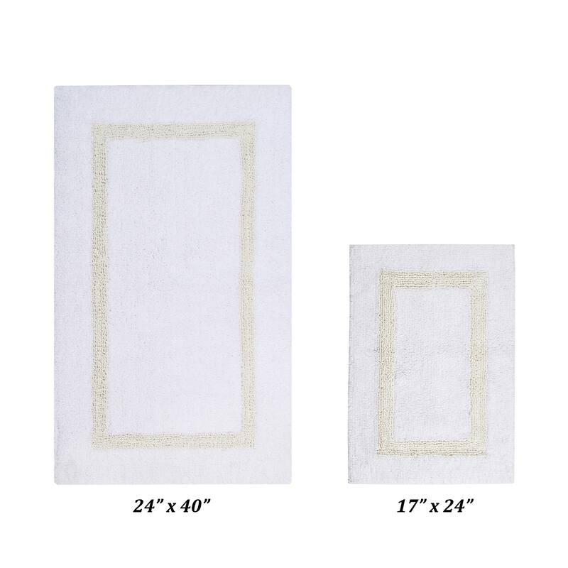 Better Trends Hotel Collection in Race Track 100% Cotton Super Absorbent Reversible Double Sided Machine Washable Bath Mat Rug - 2 Piece Set (17" x 24" | 24" x 40") - White & Ivory