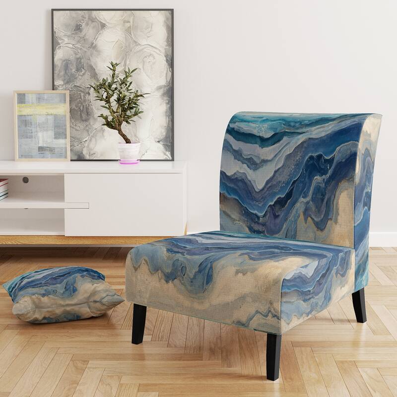 Designart "Coast Blue Sea Waves Watercolour" Upholstered Abstract Accent Chair - Modern Arm Chair For Bedroom - Slipper Chair - Blue