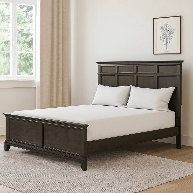 Revy Queen Size Bed, Traditional Crown Moldings, Gray Solid Wood