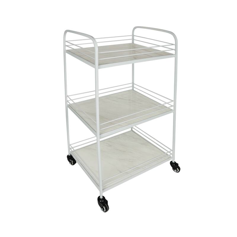 DesignStyles 3 Shelf Metal Cart with Tile Shelves and Wheels - White