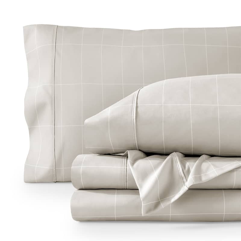 Bare Home Double Brushed Deep Pocket Printed Sheet Set - Twin - Grid - Stone/White