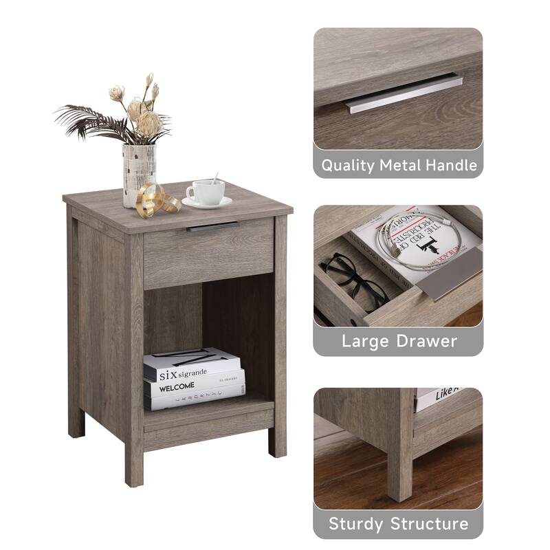 Rustic Grey Nightstand with Drawer and Open Shelf, Easy Assembly, Sturdy Side Frames, Versatile for Bedroom or Living Room