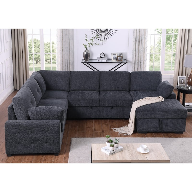 Convertible Pull-out Sectional Sofa Loveseat Sleeper with Storage and Pillows - Dark Grey