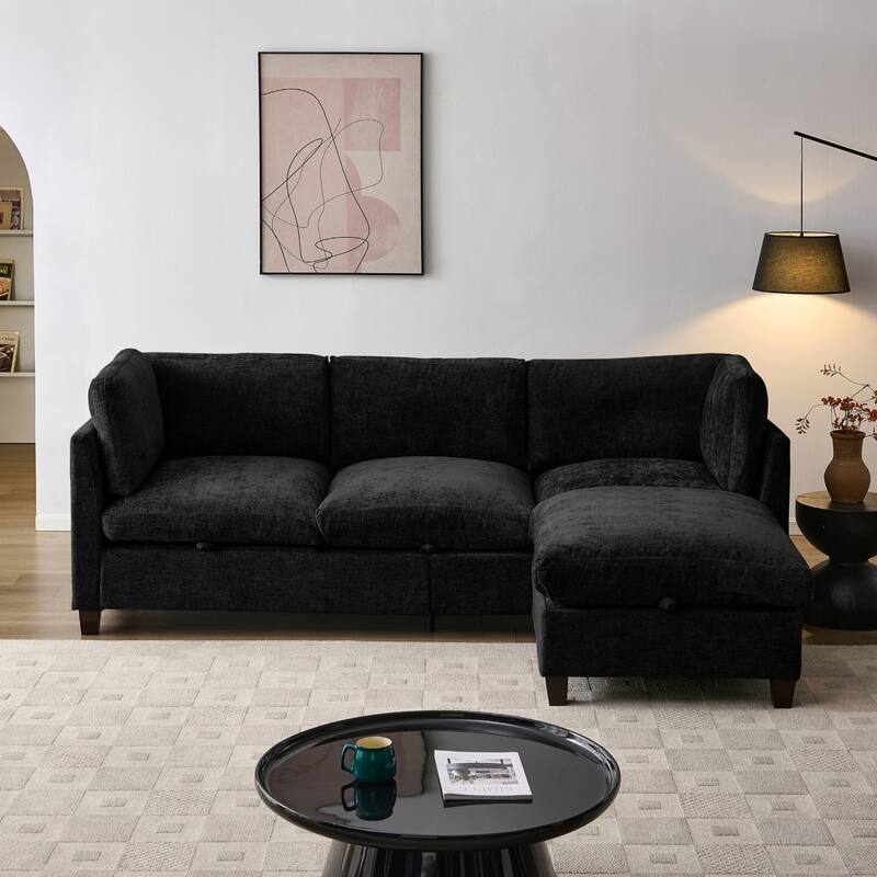 96.5" L-Shaped Chenille Sectional Sofa with Storage and Movable Ottoman - Black