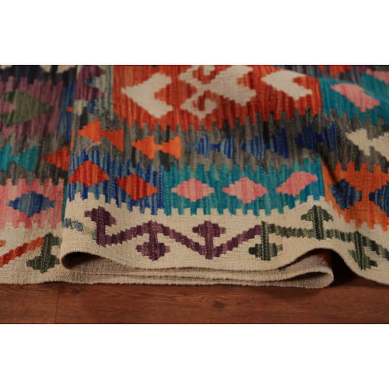 Reversable Kilim Oriental Area Rug Hand-Woven Orange Wool Carpet - 9'9"x 13'5"
