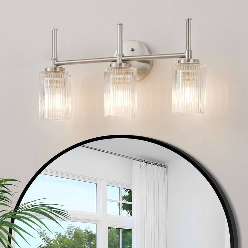 KAWOTI 22"Wide 3-Light Bathroom Vanity Light with Ribbed Glass Shade - Brushed Nickel