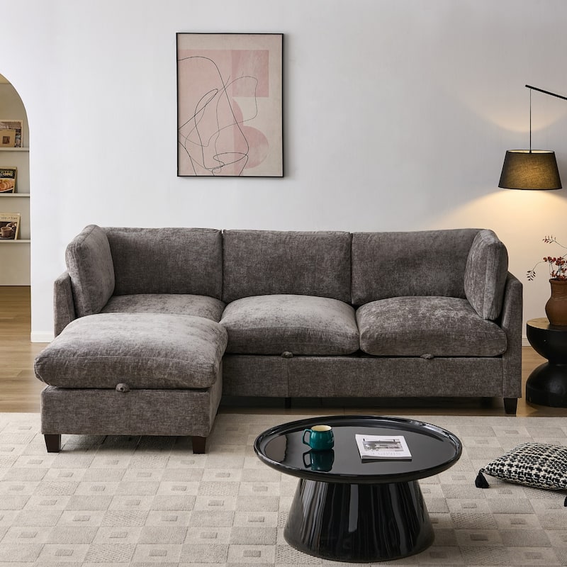 96.5" L-Shaped Chenille Sectional Sofa with Storage and Movable Ottoman - Grey