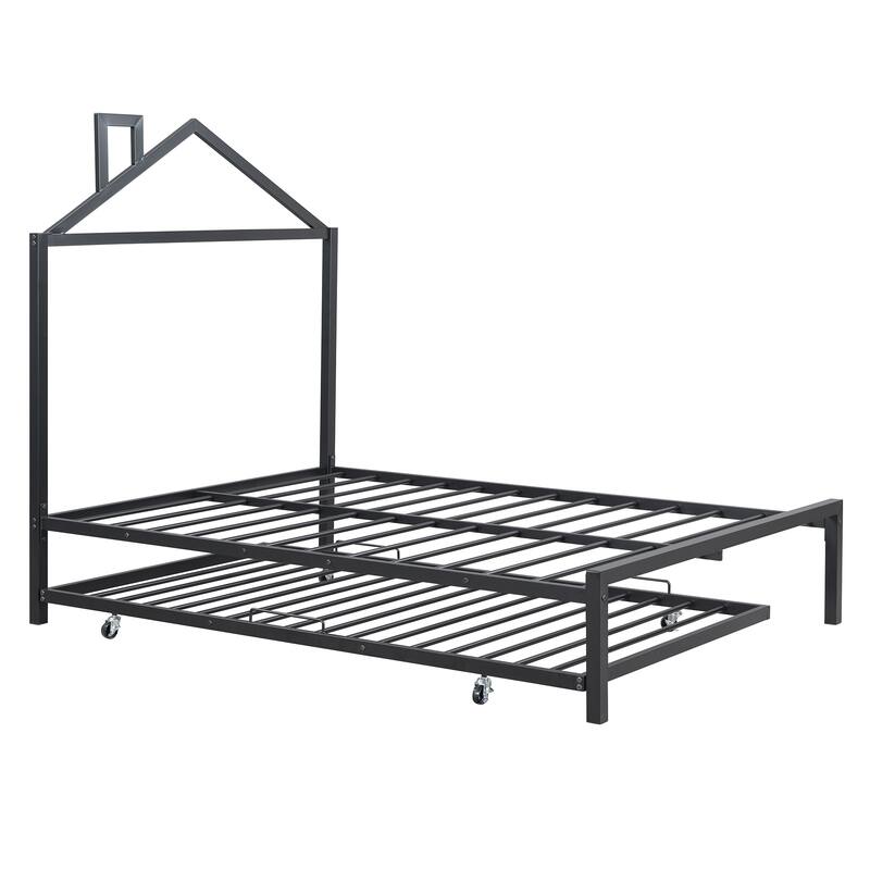 Metal Platform Bed with Twin Size Trundle,House-Shaped Headboard