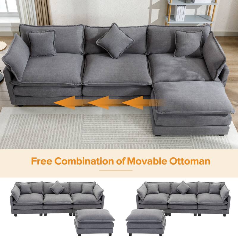 Grey 112.2" Modern L-Shaped 4 Seater Sectional Sofa with Removable Ottoman, 5 Plush Pillows, and Sturdy Frame