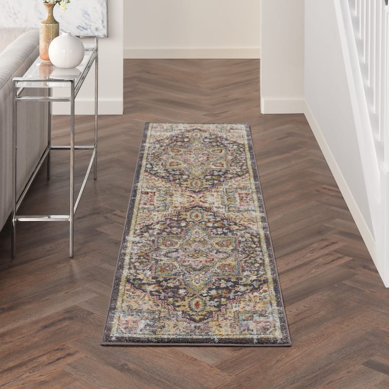 Nourison Juniper Persian Farmhouse Medallion Multicolored Area Rug - 2'2" x 7'6" Runner - Charcoal Multi - Runner/Rectangle