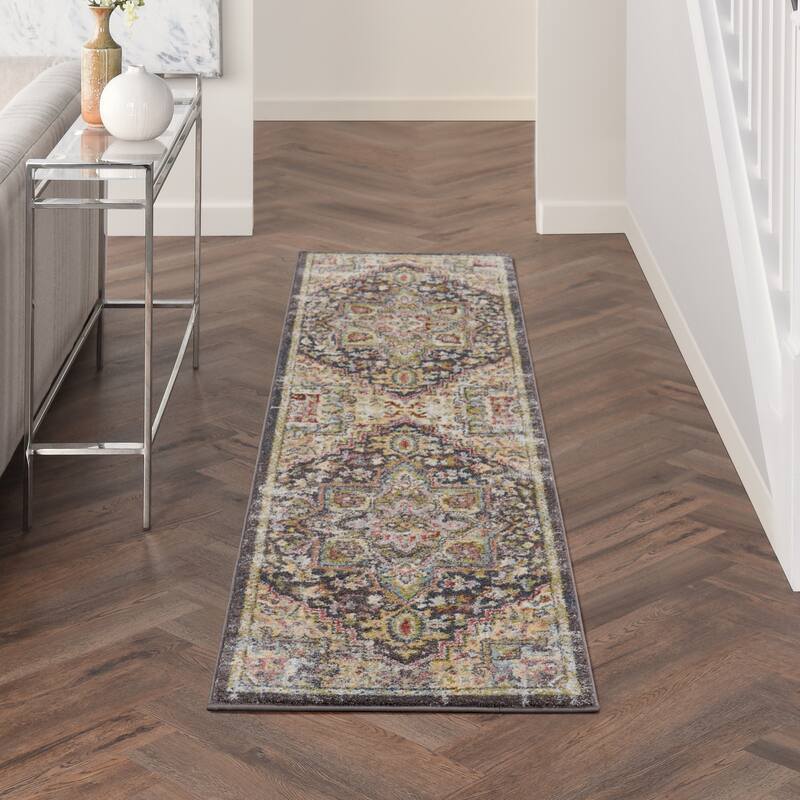 Nourison Juniper Persian Farmhouse Medallion Multicolored Area Rug - 2'2" x 7'6" Runner - Charcoal Multi
