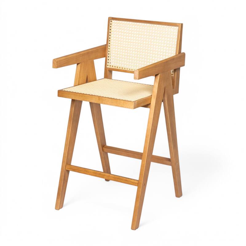 27",Set of 2 Modern Minimalist Bar Stool with Cane Seat, Solid Wood Frame