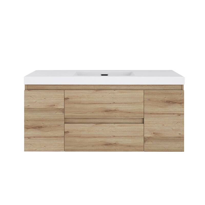 Angela Wall Mounted Bathroom Vanity in F. Oak with White Cultured Marble Top