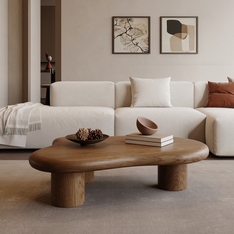 48'' Cloud Shape Brown 3 leg Coffee Table, Solid Wood Coffee Table for Livingroom