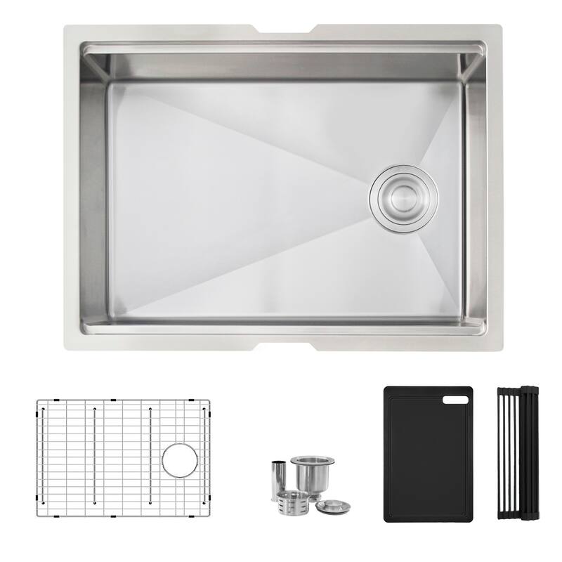 Undermount 25 inch Stainless Steel Single Bowl Workstation Kitchen Sink with Black Accessories Handmade