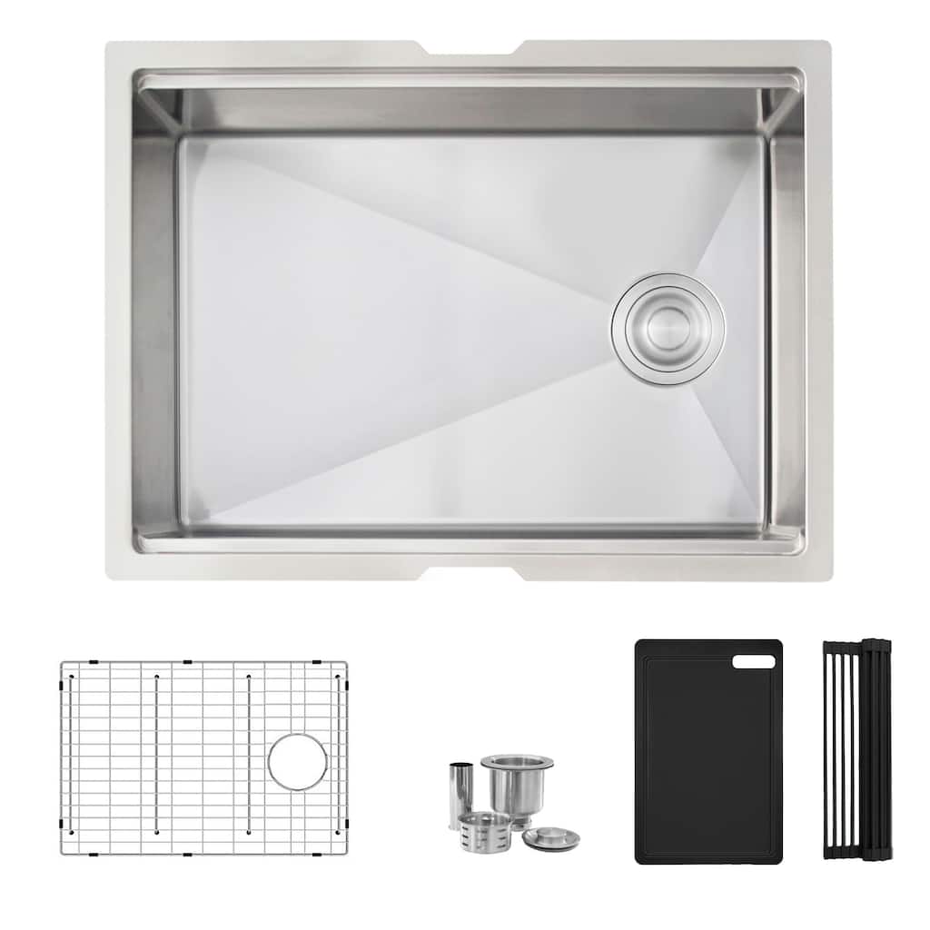 Undermount 25 inch Stainless Steel Single Bowl Workstation Kitchen Sink with Black Accessories Handmade