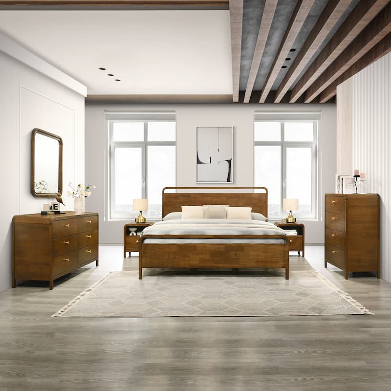 Roundhill Furniture Eldren Wood Bedroom Set, Platform Bed with Dresser, Mirror, Two Nightstands, Chest in Walnut Finish - King