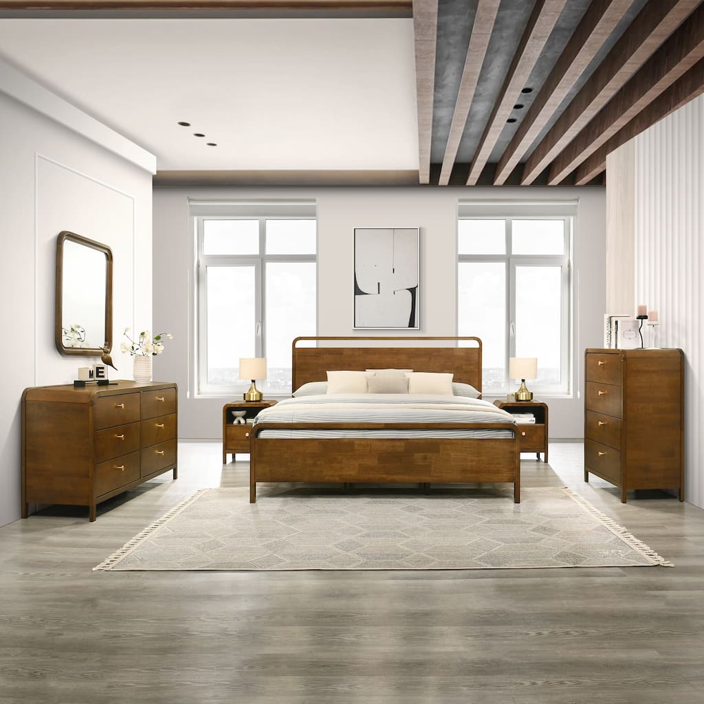 Roundhill Furniture Eldren Wood Bedroom Set, Platform Bed with Dresser, Mirror, Two Nightstands, Chest in Walnut Finish