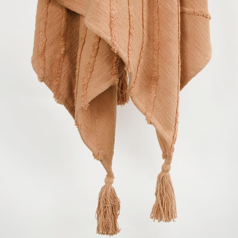 HomeRoots 50" X 60" Terra Cotta Cotton Woven Geometric Throw Blanket with Fringe