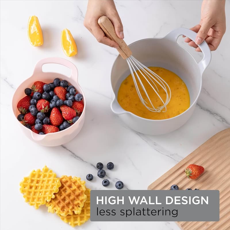 COOK WITH COLOR Nesting Plastic Mixing Bowl Set with Pour Spouts and Handles, Pink, 4 Piece Non-Slip