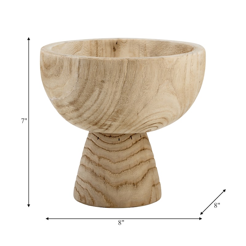 Decorative Round Wooded Pedestal Bowl - Home Decor - 8", Natural Brown