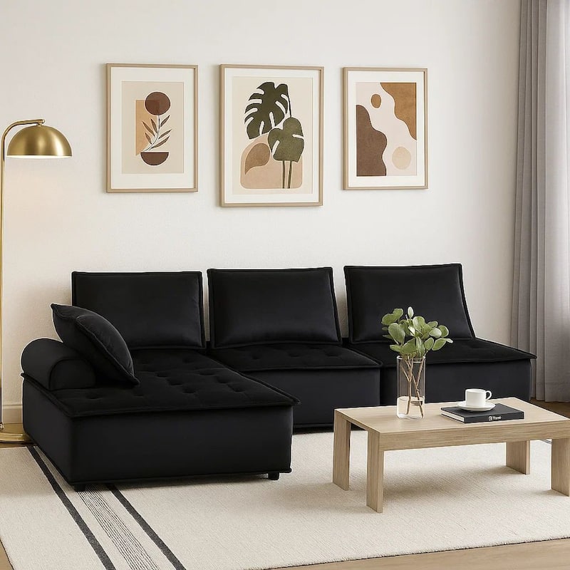 Alaya 4pc Modular Sectional Sofa, Tufted Seats, Black Velvet Upholstery