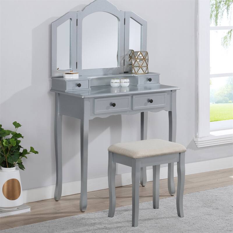 Wooden Vanity Make Up Table & Stool Set Includes Vanity, Mirror, Bench