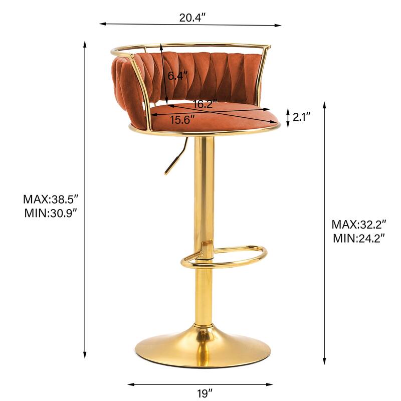 Set of 2 Velvet Adjustable Swivel Bar Stools