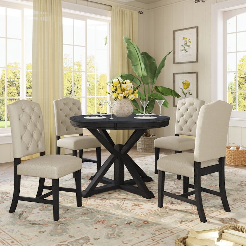 5 Pcs Wooden Round Dining Table Set, Kitchen Dining Table Chair Set with Extendable Table and 4 Upholstered Chairs