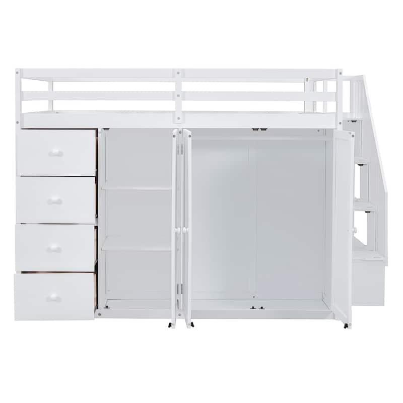 Full Loft Bed w/ Storage Staircase, 4 Drawers, Cabinet, Two Wardrobes