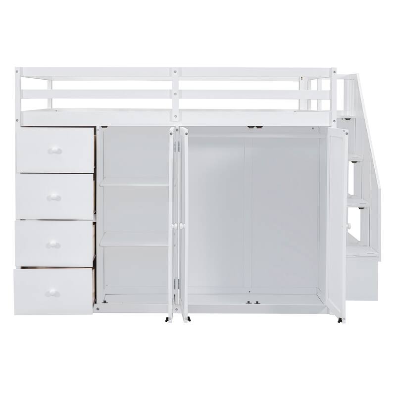 White Full Size Loft Bed with Built-in Wardrobes and Staircase, Space-Saving Design