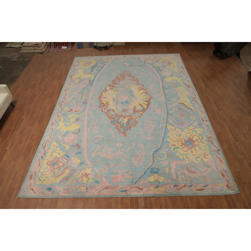 Hand Knotted Oriental 100% Wool Carpet Transitional Floral Navy Blue & Blues Oushak Area Rug - 17' 8'' X 12' 5''