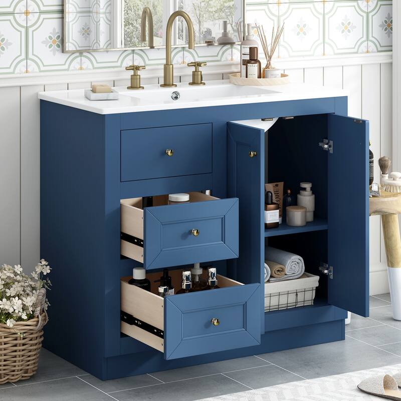 Roomfitters 36" Vanity with Ceramic Sink, Freestanding Cabinet with 2 Drawers and Shelf, Solid Wood and MDF Structure, Blue