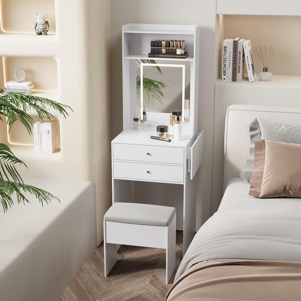 nordic modern mini dressing table Nordic Modern Bedroom Small Family Furniture Vanity Makeup 2 Drawers Mirrored Dressing Table