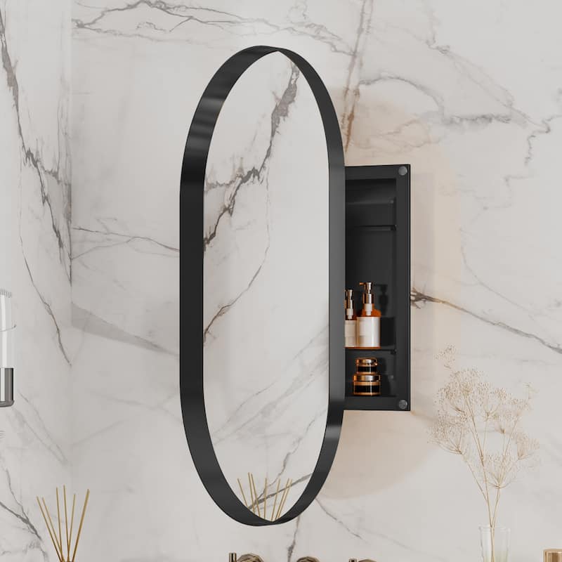 GDF Studio - Rosita 20x34 Inch Oval Recessed Metal Framed Medicine Cabinet with Mirror and Adjustable Shelves - Matte Black