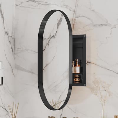 Oval Recessed Medicine Cabinet,Metal Framed Bathroom Wall Cabinet with Mirror and Adjustable Shelves,Wall Mirror with Storage