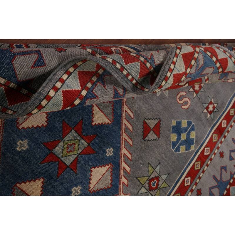 Gray Geometric Kazak Oriental Area Rug Hand-Knotted Wool Carpet - 6'7" x 10'2"