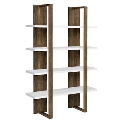 Bookcase with 4 Tier Shelves and Wooden Frame, Brown and White