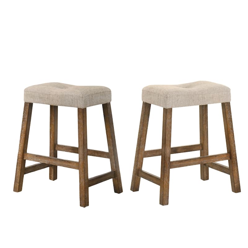 Rustic Backless Counter Stool Set Of 2-25 Inch Wooden Farmhouse Barstool With Leather Seat,Distressed Finish & Sturdy Frame - Driftwood