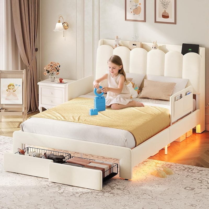 LED Bed Frame Storage DrawerSafety Guardrails Velvet Princess Platform Bed Kids