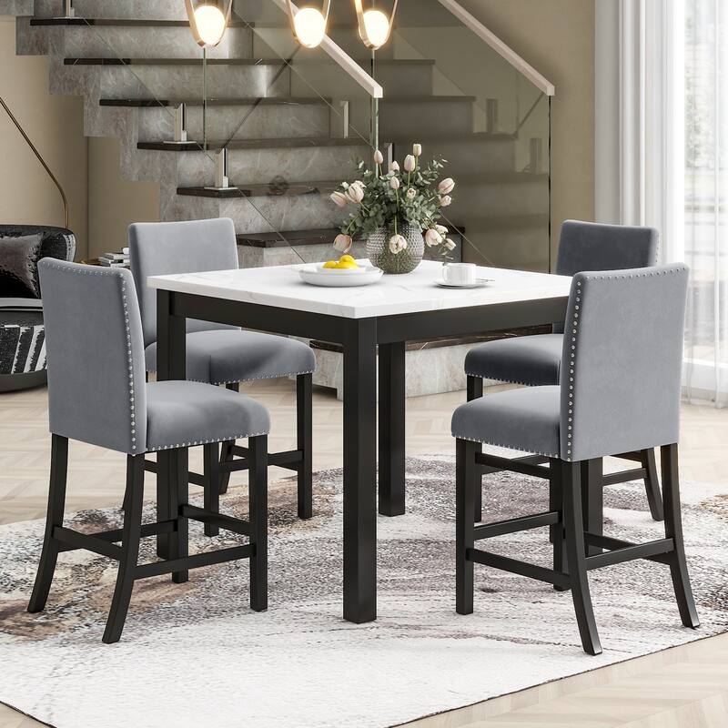 Roomfitters 5-Piece Counter Height Dining Table Set with Faux Marble Square Table and Velvet Upholstered Chairs - Grey