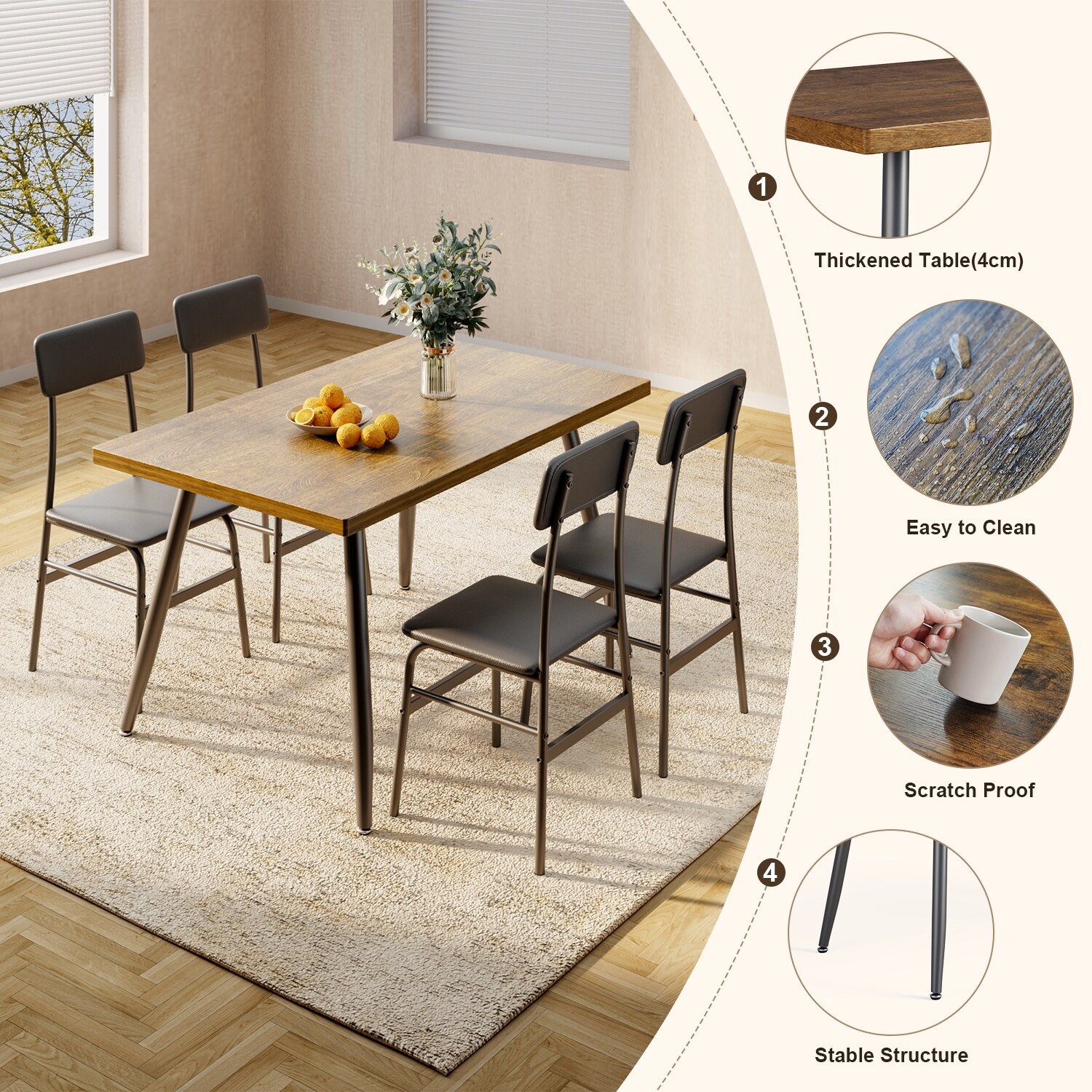 【送料無料】Industrial Mid Dining Table 5-Piece Mid-Century Rectangular Dining Table, Industrial Kitchen