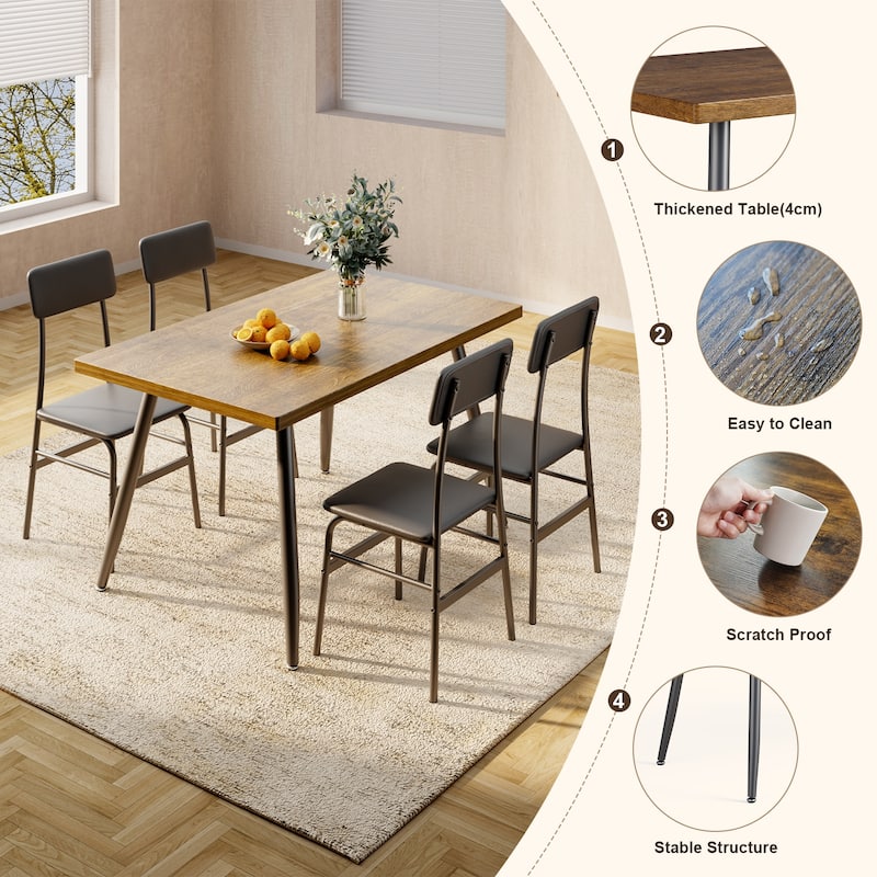 5-Piece Mid-Century Rectangular Dining Table, Industrial Kitchen Table Set with 4 Faux Leather Chairs