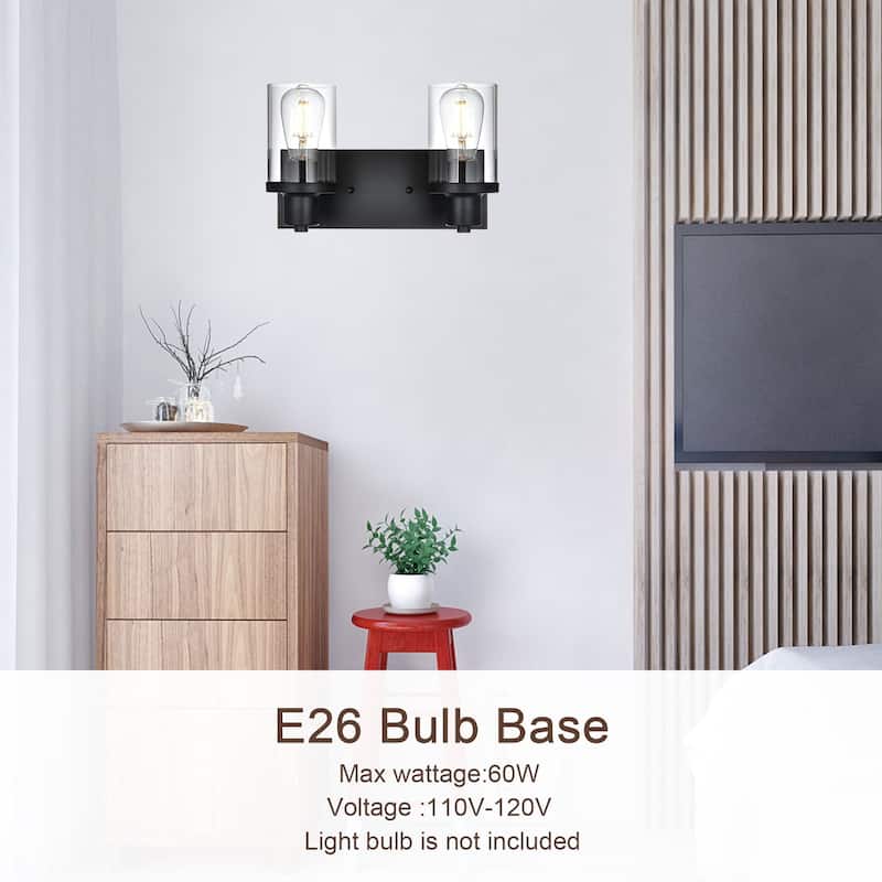 Rustic Wall Light Fixture in Matte Black Finish, 2 Light Bathroom Vanity Lighting with Clear Glass Shade, Wall Lamp Sconces