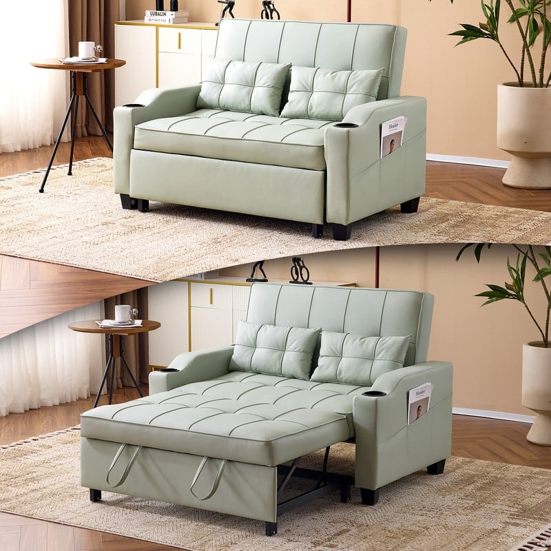 Upholstered Cat's Claw Leather Convertible Reclining Sleeper Sofa Bed With Cushions For Small Spaces - Grey